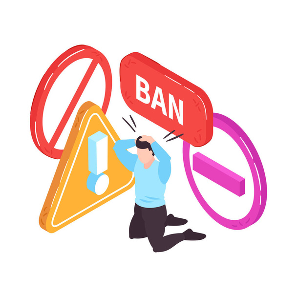 Isometric banned website concept with worried human character and ban prohibitions signs 3d vector illustration - Vector, afbeelding