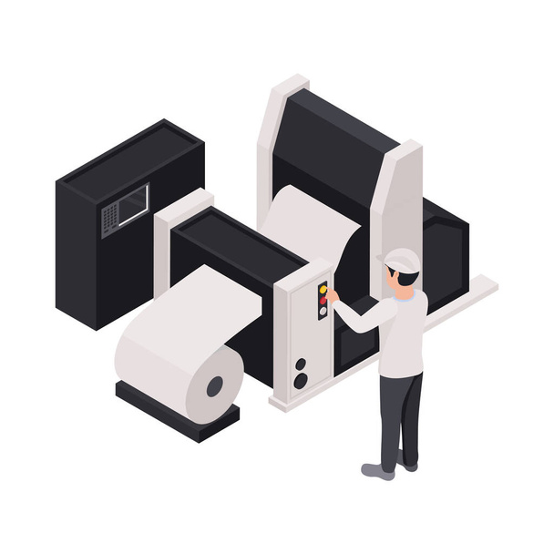 Printing house equipment and worker on white background 3d isometric vector illustration - Vector, Imagen