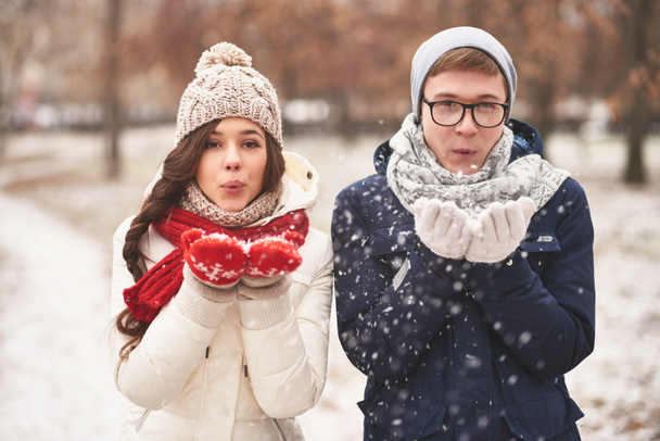 雪を吹く若いカップル - 写真・画像