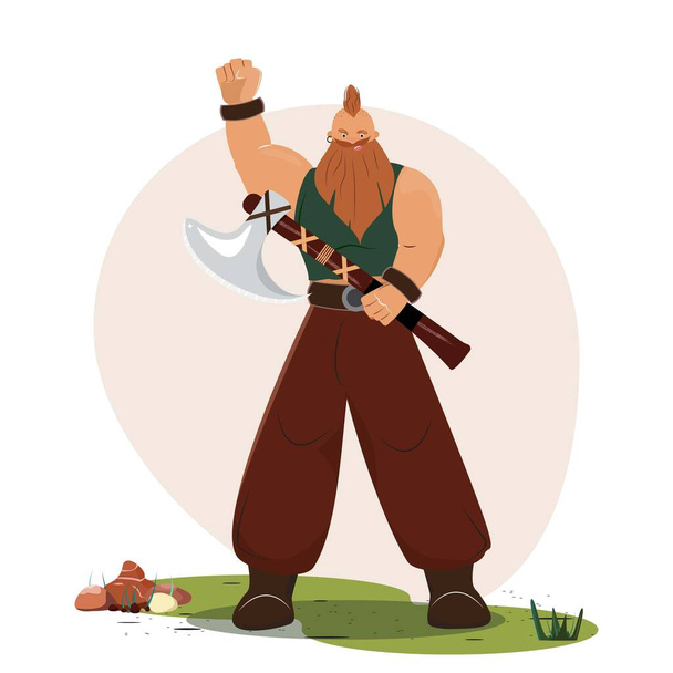 Strong viking man in flat cartoon style. Viking standing on the ground and holding the axe ready to fight. Isolated cartoon vector illustration. - Вектор, зображення