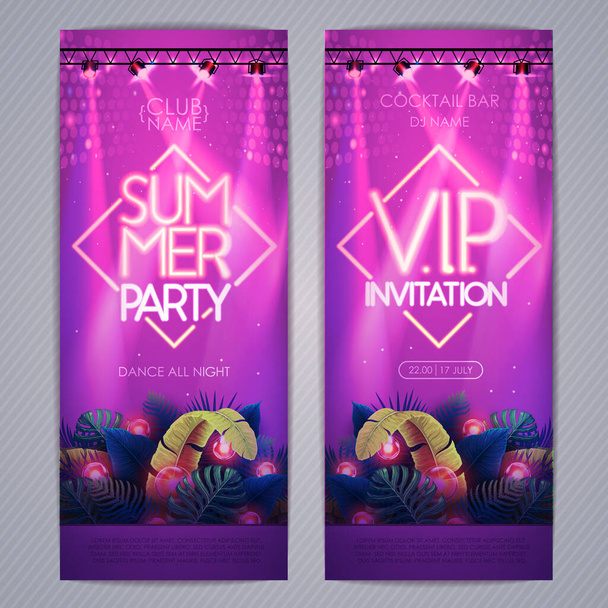 Summer tropic disco party poster with  fluorescent tropic leaves and spot light. Invitation design. Summer background. Vector illustration - Vektor, obrázek