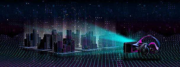 Футуристичні окуляри віртуальної реальності з гарнітурами, що проектують голограму сучасного міста над кіберпростором з синім і червоним освітленням. 3D ілюстрації
 - Фото, зображення