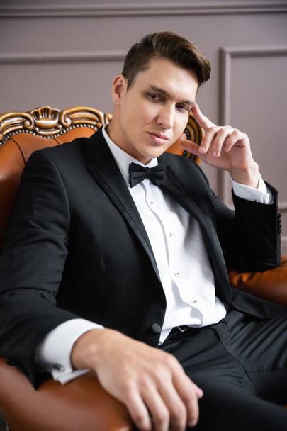 Elegant man in suit sitting on leather armchair at home  - Foto, Bild