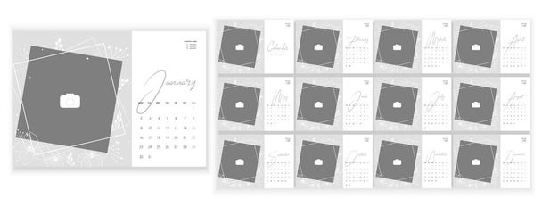 Desktop Monthly Photo Calendar 2023. Simple monthly horizontal photo calendar Layout for 2023 year in English. Cover Calendar, 12 months templates. Week starts from Monday. Vector illustration - ベクター画像