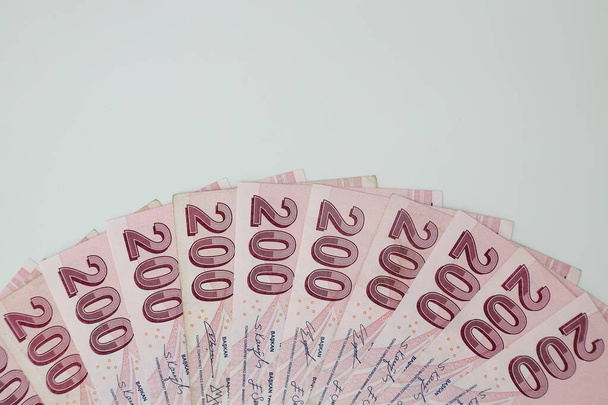 Turkish Lira banknotes of various color, pattern and value on white background - 写真・画像