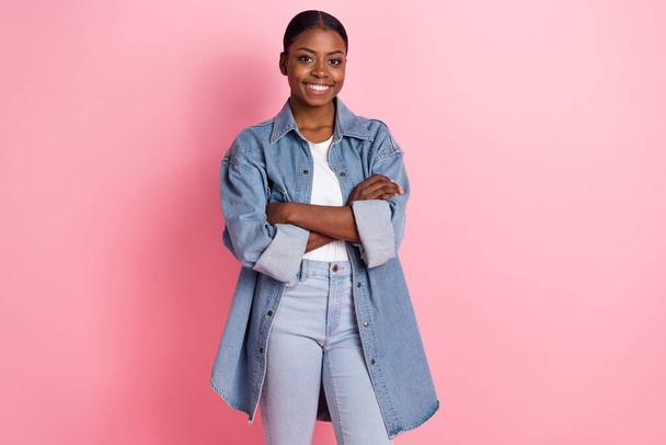 Photo of good mood charming lady with folded arms smiling wear denim outfit isolated on pink color background. - Foto, imagen