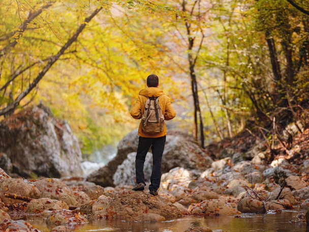 Utazás és utazás koncepció ősszel. Kaland és aktív életmód a természetben. Turista túrázás az erdőben. Fehér férfi sárga dzsekiben sétál az erdőben. - Fotó, kép