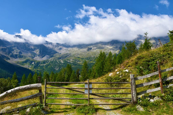 Дерев "яні двері і огорожа на гірській дорозі у горах Тауерн (Каринтія, Австрія). - Фото, зображення