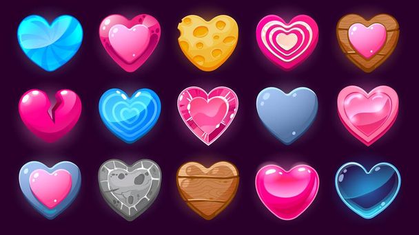 Cartoon hearts asset. Life level 2D game user interface icons, glossy candy heart buttons and sprite elements for mobile game. Vector heart design set of heart ui game interface illustration - Wektor, obraz