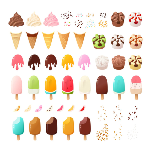 Στοιχεία για να δημιουργήσετε το δικό σας παγωτό και παγωτό. Παγωτά, κούπες, μπάλες και γαρνιτούρες. Μεμονωμένες διανυσματικές εικόνες - Διάνυσμα, εικόνα