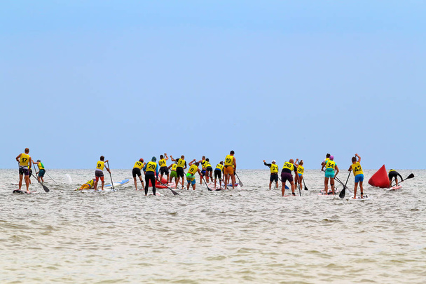 Группа людей соревнуется в гребле на гребной доске (SUP) на море. Вид сзади - Фото, изображение