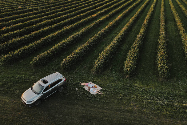 Aerial shot couple enjoying picnic on road trip in the beautiful fields, man and woman lying on blanket near the SUV car at sunset - Zdjęcie, obraz