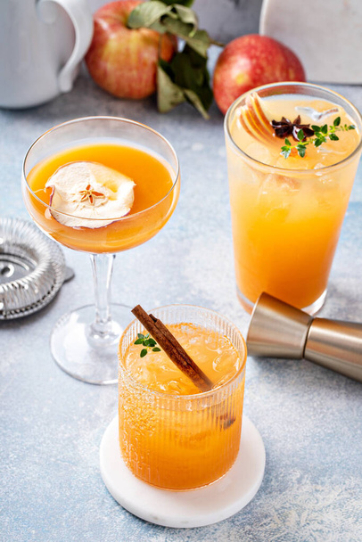Variety of fall cocktails or mocktails made with apple cider in a light and bright setting, Thanksgiving drinks ideas - Photo, Image