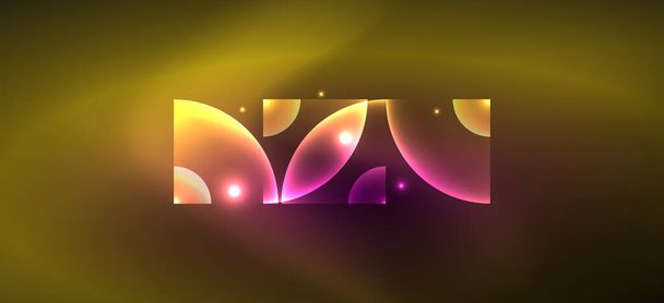 Abstract background with neon glowing light effects. Round shapes, triangles and circles. Wallpaper for concept of AI technology, blockchain, communication, 5G, science, business and technology - Vector, Imagen