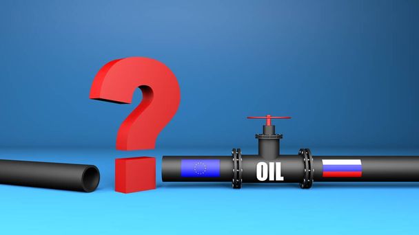 Russian gas oil industry. 3d oil pipeline to European Union on blue background. Oil sanctions and energy embargo to Russia concept. High quality 3d illustration - Fotografie, Obrázek
