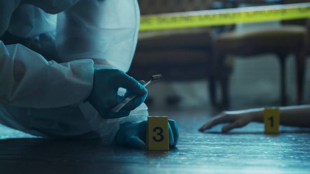 Detective Collecting Evidence in a Crime Scene. Forensic Specialists Making Expertise at Home of a Dead Person. The Concept of Homicide Investigation by Professional Police Officer. - Fotó, kép
