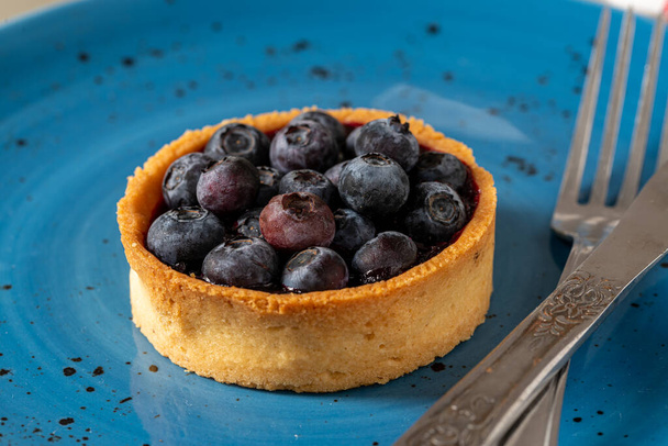 Freshly baked blueberry tart on a blue porcelain plate - 写真・画像
