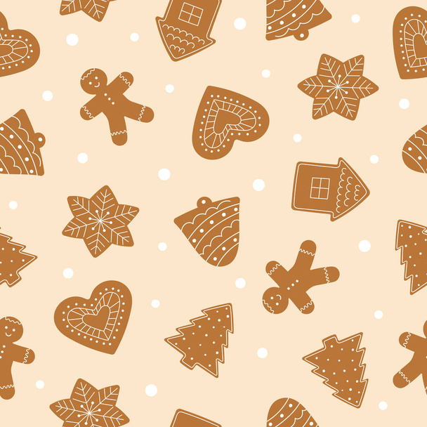 Seamless pattern of gingerbread cookies. Winter homemade sweets on pink background. Vector illustration - Vetor, Imagem