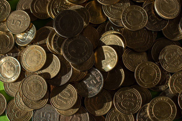 Finanzen, Geld, Bankwesen und Geschäftskonzept mit türkischen Lira-Münzen - Foto, Bild
