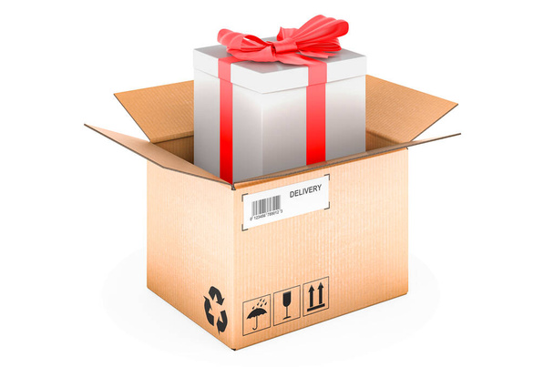 Gift box inside cardboard box, delivery concept. 3D rendering isolated on white background - Photo, Image