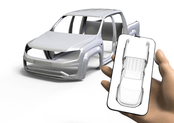3D καθιστούν την εικόνα ενός σώματος αυτοκινήτου σε λευκό και ένα χέρι με ένα τηλέφωνο που αντιπροσωπεύει τη χρήση του τηλεφώνου app στην αυτοκινητοβιομηχανία  - Φωτογραφία, εικόνα