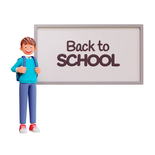 A 3D illustration of a boy with a backpack standing next to a sign saying "back to SCHOOL" - 写真・画像