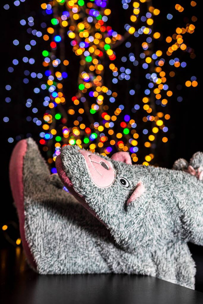 The legs in winter Christmas socks against blurred lights background - Φωτογραφία, εικόνα