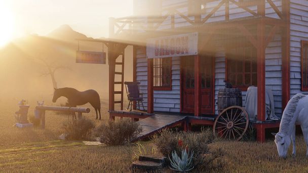 Régi vintage nyugati szalon elszigetelt területen Wild West az alkonyat, 3d renderelés - Fotó, kép