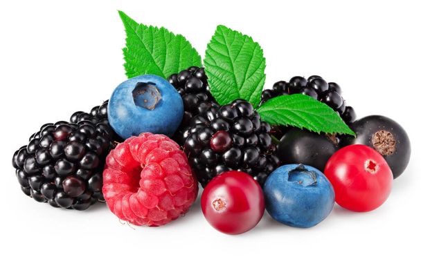 mix of blueberry, blackberry, cranberry, raspberry with leaves isolated on white background. top view. clipping path - Фото, изображение