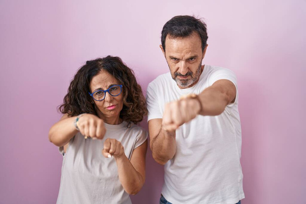 Middle age hispanic couple together over pink background punching fist to fight, aggressive and angry attack, threat and violence  - 写真・画像