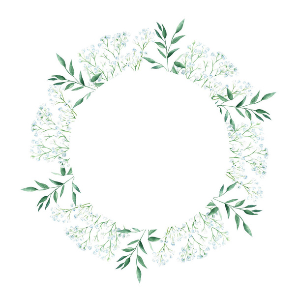 Watercolor circle frame isolated on white background. Rustic greenery, gypsophila twigs and pistachio branches. Hand drawn botanical illustration. Ideal for stationery, wedding invitations, save the - 写真・画像