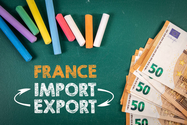 French imports and exports. Euro money on a green chalkboard. - Foto, Bild