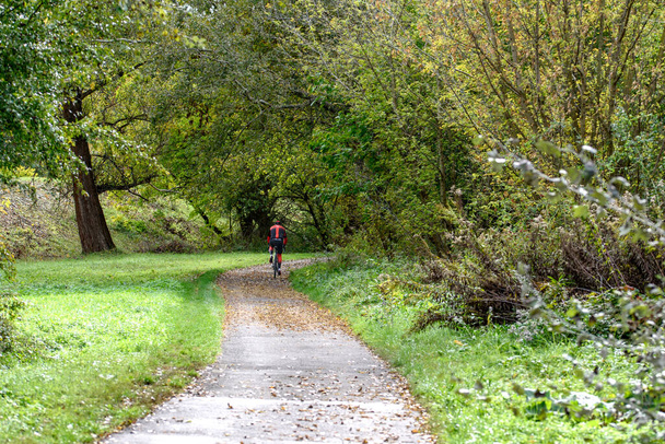 Ένας ποδηλάτης και ένας δρομέας στο πάρκο του φθινοπώρου - Φωτογραφία, εικόνα