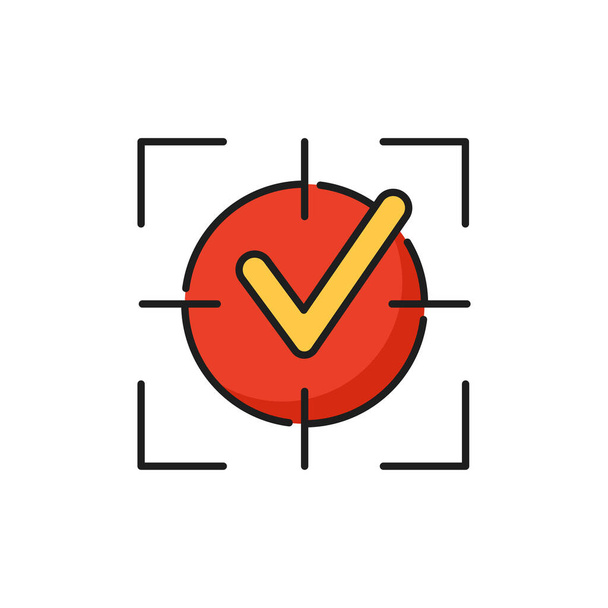 Business goals achievement color outline icon with check mark symbol in optical sight crosshair. Success and business competition victory, effective management and goals planning thin line vector sign - Vektor, kép