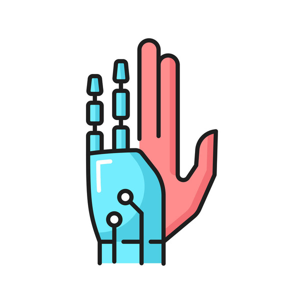 AI innovation or prosthesis future technology outline icon with human hand with robotic fingers. Machine learning, bionic limbs and artificial intelligence innovation thin line vector symbol - Vektor, obrázek