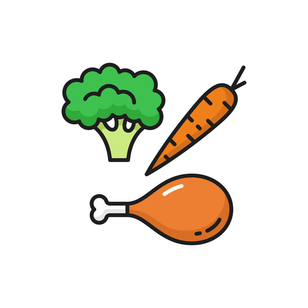 Eating ketogenic food as broccoli, carrot and chicken drums meat isolated outline icons. Vector Keto nutrition lifestyle diet low carb and high fat meal, healthy ingredients for dieting nutrition - Vektori, kuva
