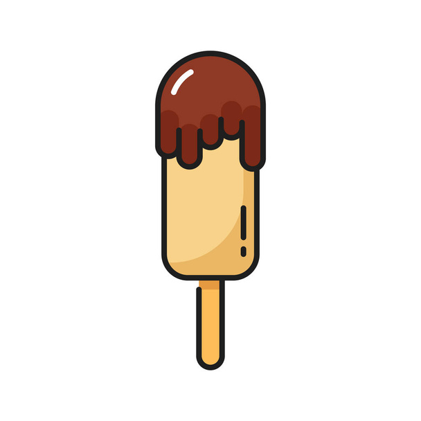 Vanilla ice cream in cocoa topping, cold floating sundae, sweet eskimo isolated color line icon. Vector chocolate popsicle on stick, yummy ice cream. Fastfood streetfood snack, takeout takeaway food - Vektör, Görsel