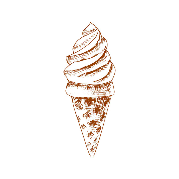 Gelato ice cream isolated hand drawn sketch. Vector waffle cone ice-cream, refreshing summer dessert - Vettoriali, immagini