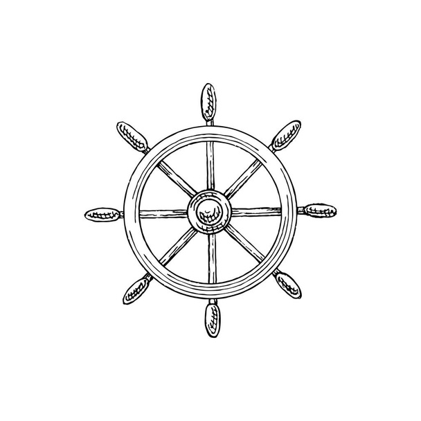 Steering ship wheel isolated marine sketch. Vector navigation equipment symbol, hand wheel with handles - Vektor, Bild