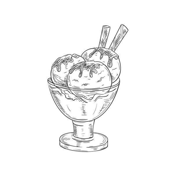 Sundae dessert, ice cream balls with wafer sticks and chocolate topping isolated vector - Vector, Image