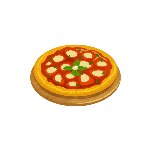 Napoletana or Naples-style pizza, made with tomatoes and mozzarella cheese isolated Italian food on wooden board. Vector Italy cuisine dish with ketchup sauce and basil leaves, street food snack - Vektor, obrázek