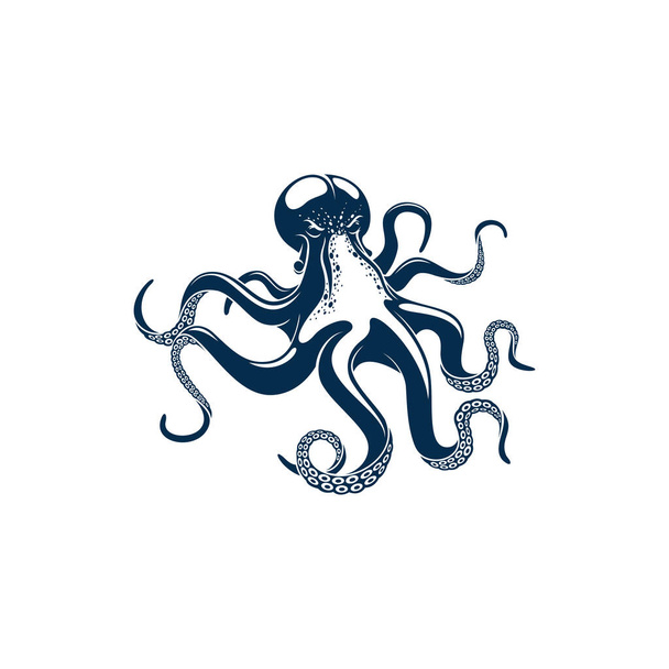 Осьминог мягкотелый, восьмиконечный моллюск изолированная монохромная икона. Векторное животное-осьминожка с щупальцами и сосками, талисман рыболовного спортивного трофея. Знак эмблемы морепродуктов, водный характер - Вектор,изображение
