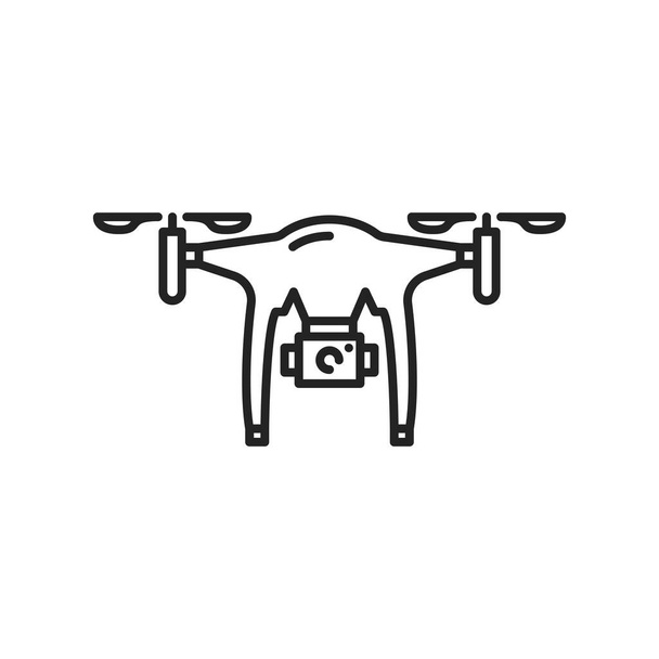 Remote control air drone isolated outline icon. Vector flying drone with action camera and twirled propellers, quadcopter or copter linear monochrome sign. Aircraft robot plane, line art - ベクター画像