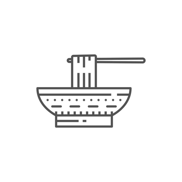 Noodles and sticks in bowl isolated chinese food outline icon. Vector udon stir fry noodles, street food, takeaway snack. Hakka noodle in plate with chopsticks, Japanese ramen, noodle soup tonkotsu - Vettoriali, immagini