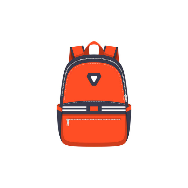 School bag backpack, red rucksack or handbag vector flat icon. College and school student bag with pockets, zippers, pouch pockets and straps, travel backpack luggage and sport haversack, isolated - Vector, Image