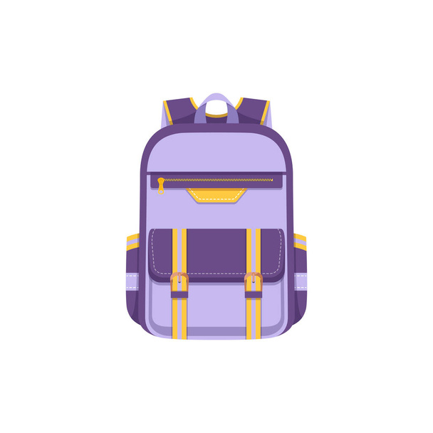 Backpack bag or back pack, school rucksack or schoolbag, vector flat icon. Isolated luggage bag or student boy or girl backpack, lilac camping and trekking sport backpack or knapsack with pockets - Vecteur, image