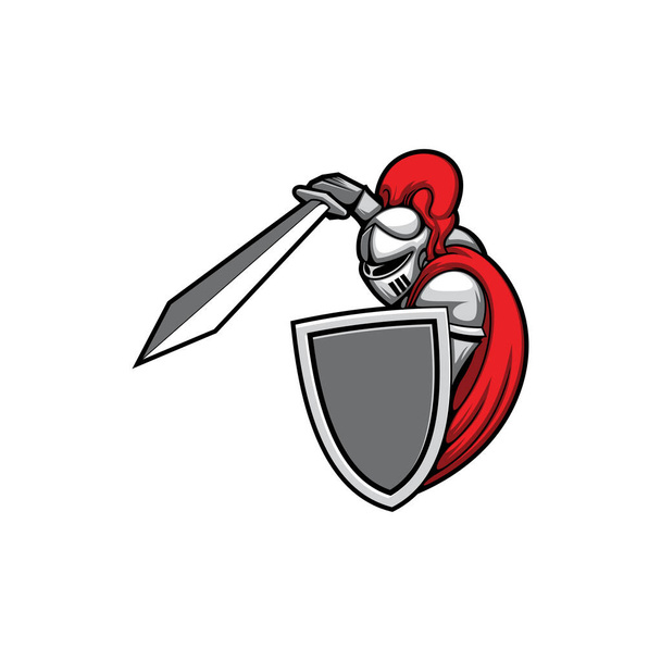 Knight with sword and shield ready to attack isolated medieval armour in red cloak. Vector medieval warrior mascot in heavy costume, helmet with feathers. Noble knight, hero in mask fighting at battle - Vector, afbeelding