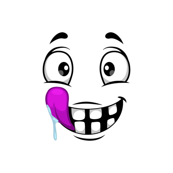 Cartoon face isolated vector icon, facial emoji of funny hungry creature, emotion toothy smile with round eyes and mouth with pink tongue and dripping saliva - Vector, Imagen