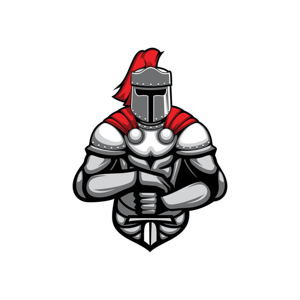 Templar knight in metal helmet and breastplate, sword in crossed hands isolated icon. Vector warrior medieval knight in armour metal protection. Armored hero, retro fighting soldier in fight battle, - Vektör, Görsel