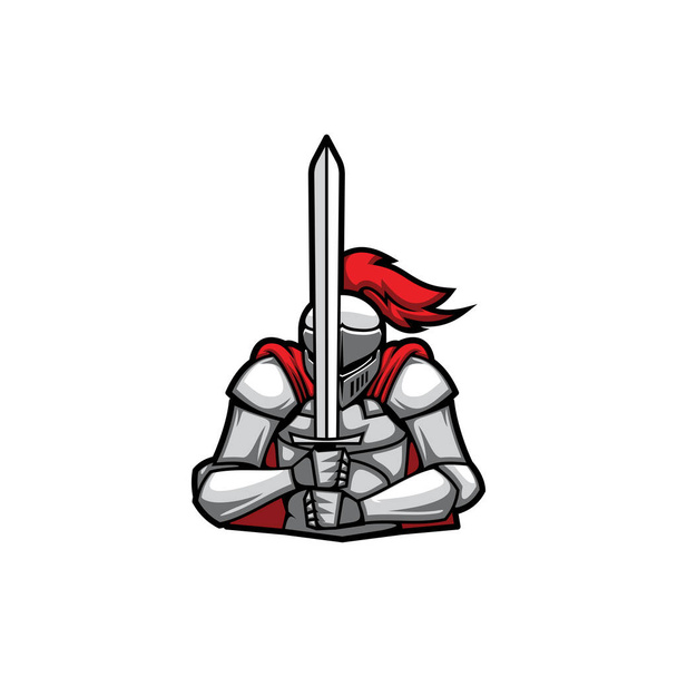 Templar in fight battle costume of italian armor, fighting sport club mascot, crusader guard isolated flat cartoon. Vector retro hero, medieval knight with sword, soldier in red cloak and feathers - Wektor, obraz